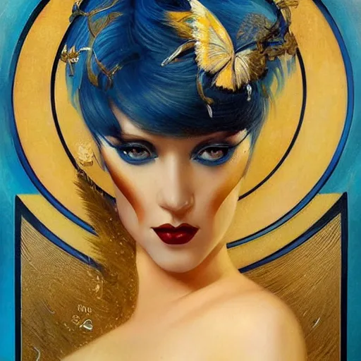 Prompt: a woman with blue and gold hair, an art deco painting by karol bak, featured on cgsociety, gothic art, poster art, art deco, tarot card