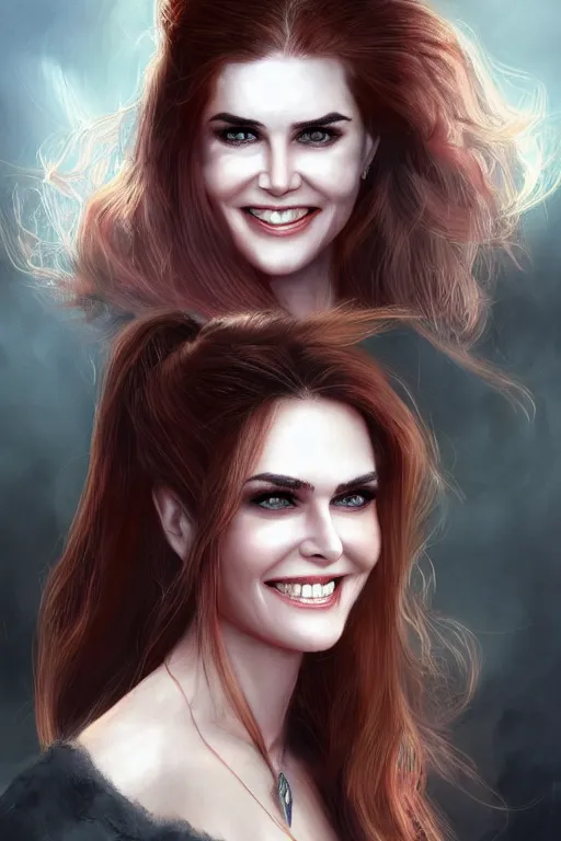 Image similar to mix of beautiful young maria shriver, mariel hemmingway, brooke shields, nicole kidman and elle macpherson as a vampire showing vampire teeth, ready to bite, thin lips, hair tied up in a pony tail, dark blonde hair, colorful, artstation, cgsociety