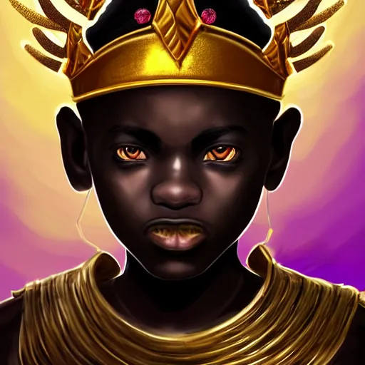 Prompt: a young black boy dressed like an african moorish warrior, wearing golden armor and a crown with a ruby and a black diamond in his forehead, posing with a very ornate glowing electric spear!!!!!!!!, for honor character digital illustration portrait design, by android jones in a psychedelic fantasy style, dramatic lighting, hero pose, wide angle dynamic action shot