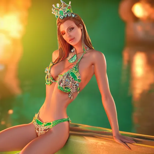 Image similar to wonderful princess of emerald with fair skin in bikini, ornate 8 k gorgeous intricate detailed, accent lighting, dramatic light, octane render