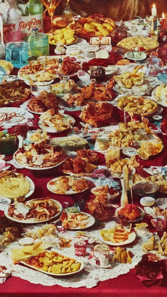 Image similar to 1 9 6 0 s food magazine photo of a lavish spread of disgusting and strange party foods, on a velvet table cloth, soft focus