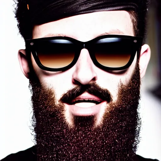 Prompt: fit bearded yoga punk singer wearing designer wraparound sunglasses. was previously a commercial model and actor. on a smoky stage in wheaton, illinois. vaporwave.