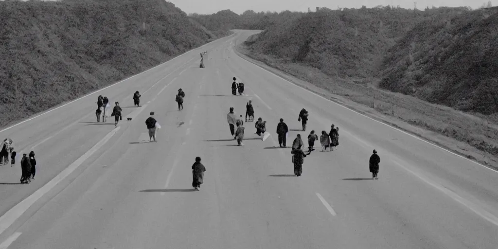 Prompt: People strolling along the highway, Martin Handford style.