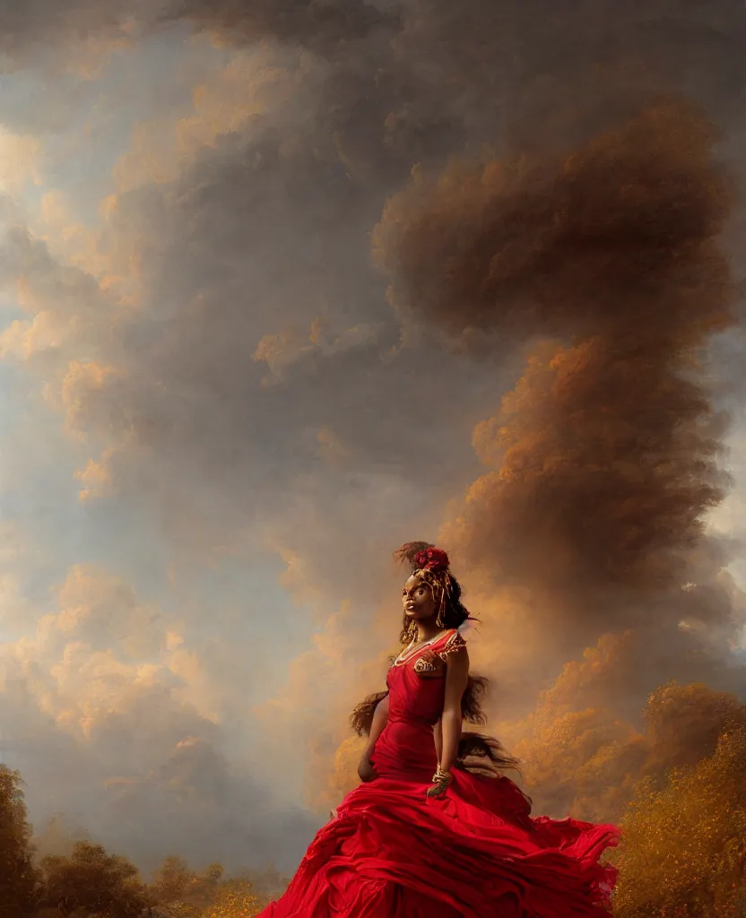 Prompt: a brown skinned queen with long dark curly hair and a red dress, windy, golden details, stars, stoic, modern, shes alone, maximalist fashion dress, hyperdetailed, dramatic, epic painting, painted by jean honore fragonard and greg rutkowski, full body, octane render, sharpness, 8 k, golden ratio