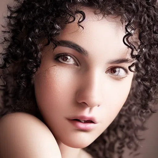 Image similar to portrait of a young lady with curly black hair and brown eyes and round face with thin lips, hyperrealistic, ultra detailed, brown eyes