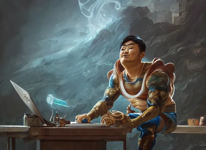 Image similar to an insanely detailed painting of an asian man wearing a homemade superhero costume, sitting at a desk, staring seriously at the computer and typing, in the style of peter mohrbacher, james jean, artgerm, dramatic lighting and composition, surreal background, octane render, pixar, trending on artstation, concept art, comic book, view from behind, 8 k