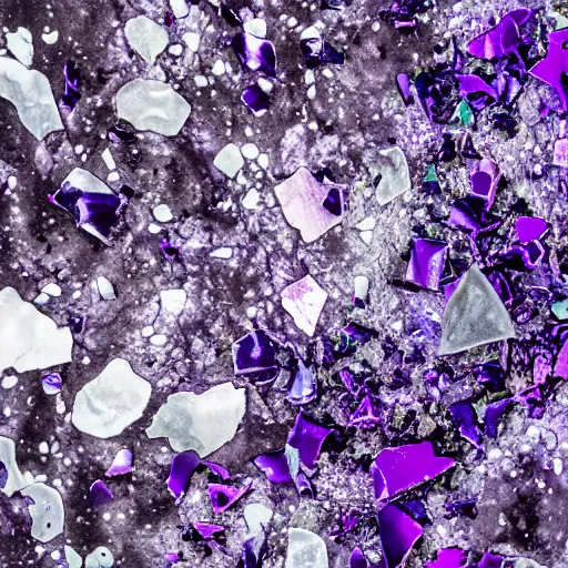 Prompt: purple shattered paint, broken glass, lava, conglomerate, slush, satellite photo