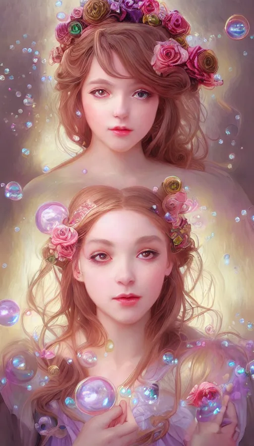 Image similar to portrait of magical lolita girl, dreamy and ethereal, expressive pose, big gold eyes, exciting expression, fantasy, intricate, elegant, many rainbow bubbles, rose tones, highly detailed, digital painting, artstation, concept art, cyberpunk wearing, smooth, sharp focus, illustration, art by artgerm and greg rutkowskiand alphonse mucha