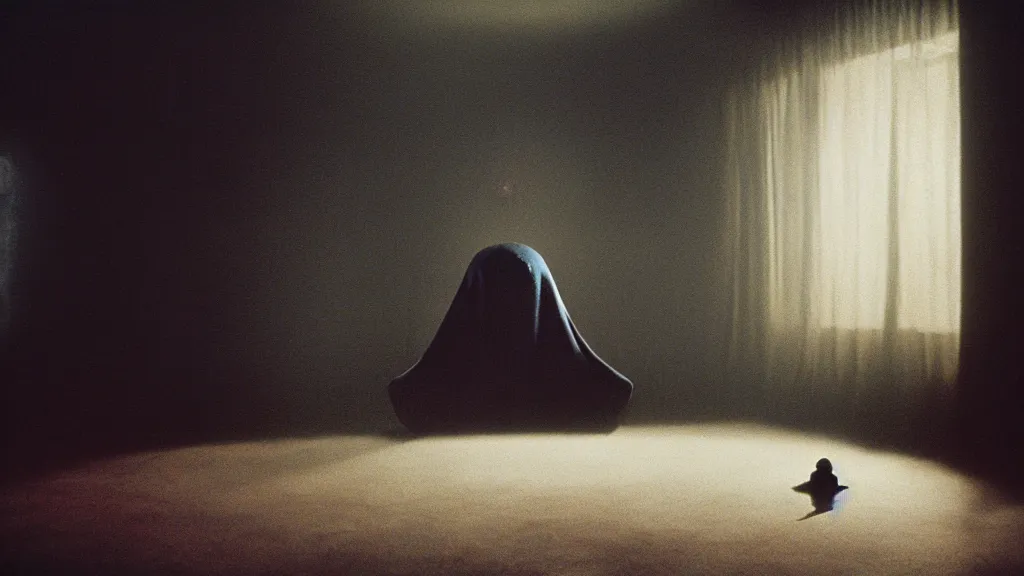 Image similar to a strange floating blob of mist wearing a large creepy jester mask floating in the living room, film still from the movie directed by denis villeneuve with art direction by zdzisław beksinski, wide lens