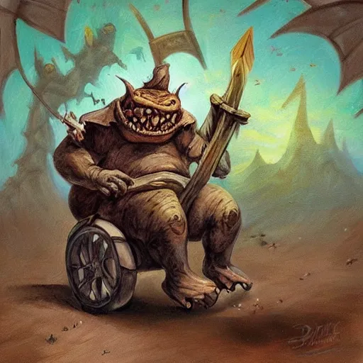 Prompt: painting of chubby goblin riding in a slapdash wooden cart holding a lance, fantasy art, magic : the gathering art, by diterlizzi