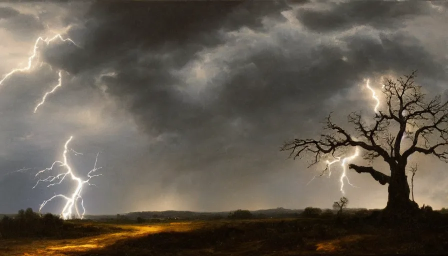 Image similar to A beautiful, highly-detailed oil painting of a lightning striking a lonely oak tree in the middle of a dark, stormy landscape