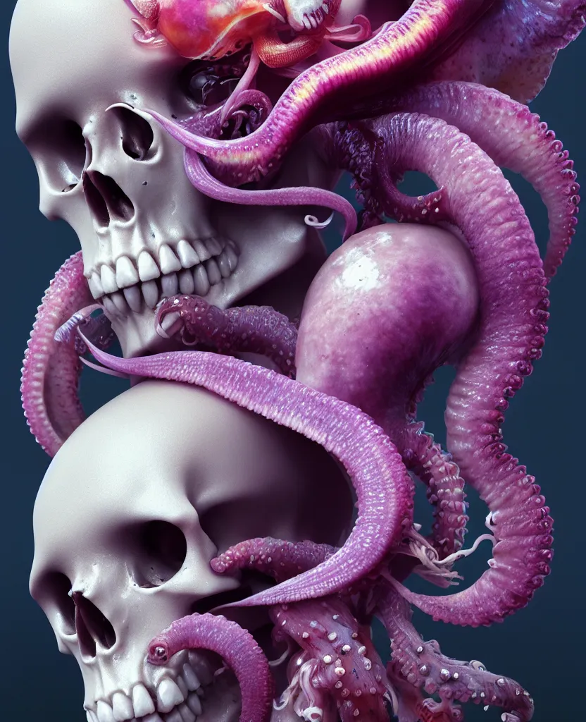 Image similar to goddess close - up portrait human skull, ram skull, squid phoenix jellyfish, orchid, betta fish, bioluminiscent, intricate artwork by tooth wu and wlop and beeple. octane render, trending on artstation, greg rutkowski very coherent symmetrical artwork. cinematic, hyper realism, high detail, octane render, 8 k