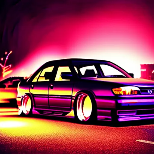 Image similar to a car Toyota Chaser twin-turbo at illegal car meet, Saitama prefecture, city sunset mist neon lights, cinematic color, photorealistic, highly detailed, 200MM