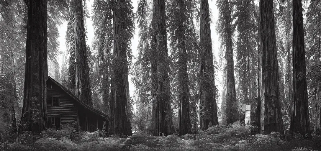 Image similar to house built into and inside a single giant sequoia surrounded by grove of dead birches. photograph by jerry uelsmann. fujinon premista 1 9 - 4 5 mm t 2. 9. portra 8 0 0.