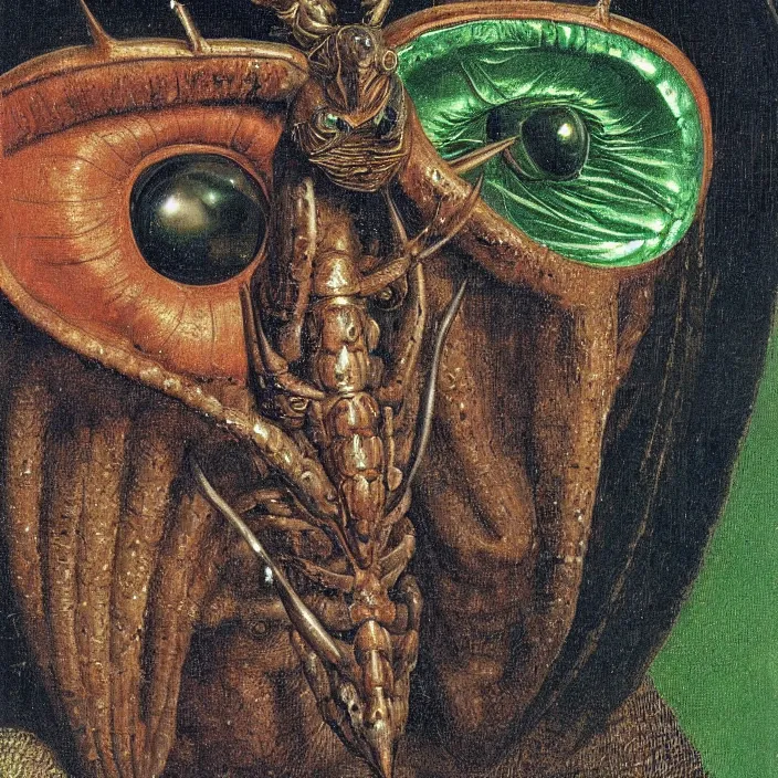 Image similar to close up portrait of a mutant monster creature with facial features resembling a medieval steel helmet, iridescent beetle eyes and antennae. by jan van eyck, audubon