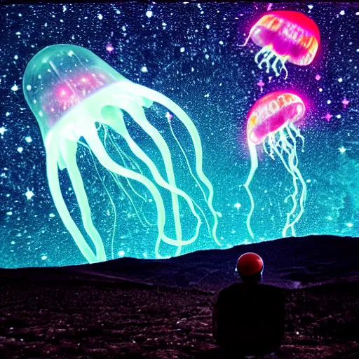 Image similar to over the shoulder photo of a man watching a magic glowing jellyfish in glowing cosmic stardust, colorful stars, galaxies, space, award winning photo, intricate, high detail, atmospheric, desolate