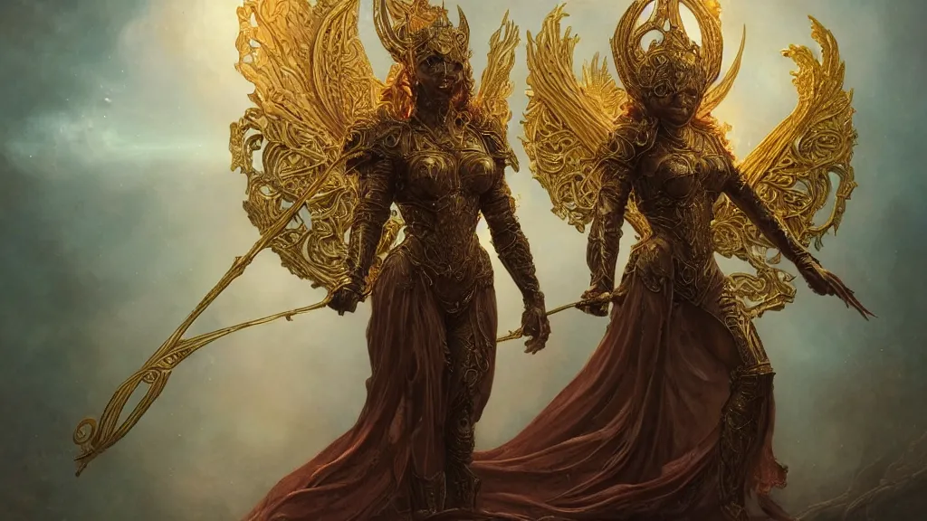 Image similar to ascending dark full body redhead goddess angel, Lupe Fuentes, intricate armor, highly detailed, glowing, action pose, cinematic, Art Deco, gold filigree, ethereal, alfonso mucha, zdzisław beksiński, Andrei ryabovichev, Shaun tan, Chriss foss, Peter mohrbacher, 4k