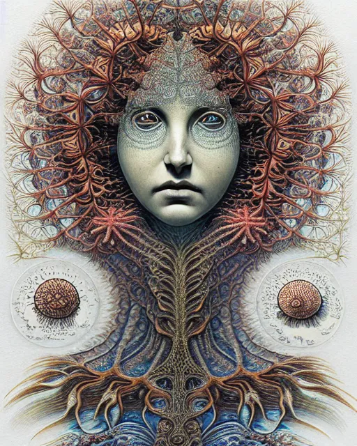 Image similar to realistic detailed underwater face portrait of the beutiful young goddess of the fish of the fractal waters with an intricate headdress of corals, sea kelp, sea plants, coral reef, fish, jellyfish, art by ernst haeckel, zdzisław beksinski, hieronymus bosch, gothic, neo - gothic, ornamental, beautiful deep colours,