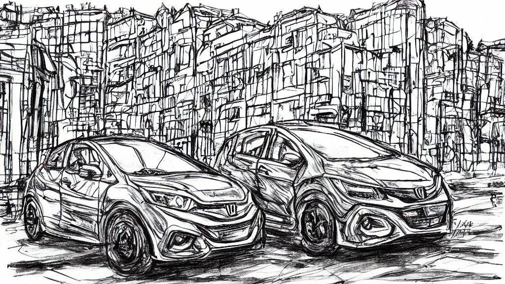 Image similar to compact honda car parked in a european city, ink manga drawing