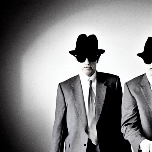 Image similar to blues brothers walking towards camera with white background. wearing suits. strong shadows. high contrast. serious look. carrying a pistol