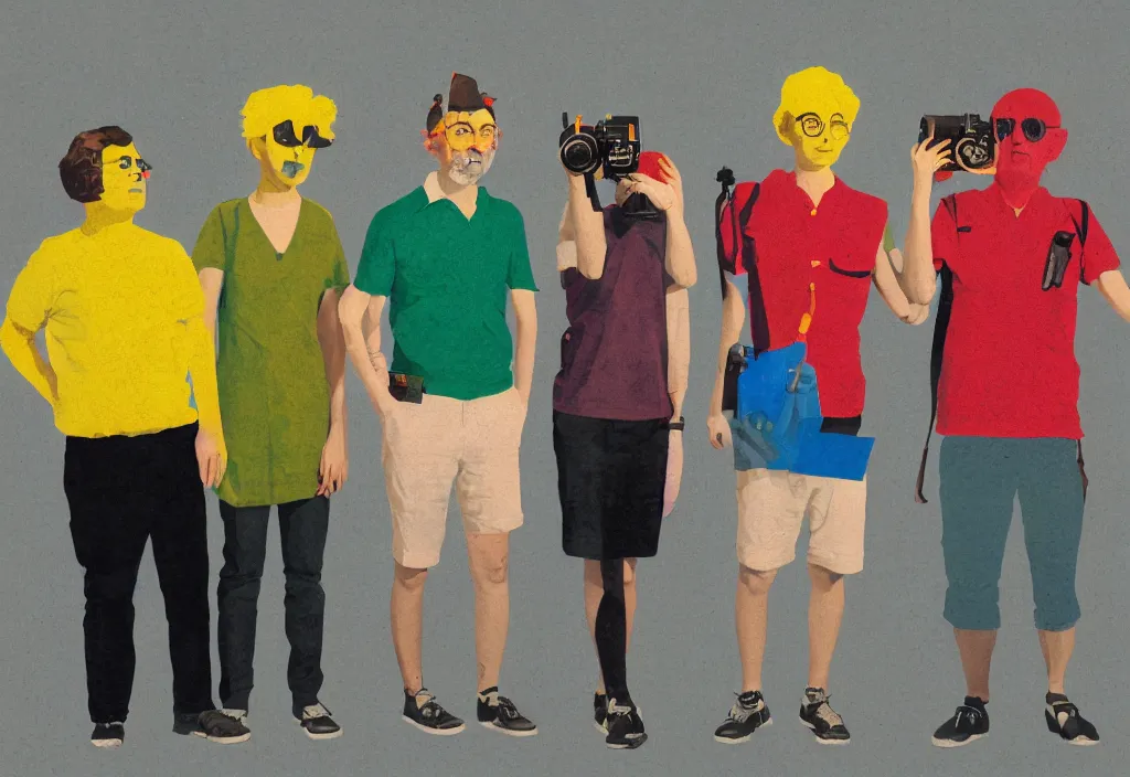 Image similar to full body portrait of a trio of european tourists with nikon cameras, character designs painting, in the style of wes anderson, rene magritte, lola dupre, david hockney, isolated on white background, dark monochrome neon spraypaint accents volumetric octane render