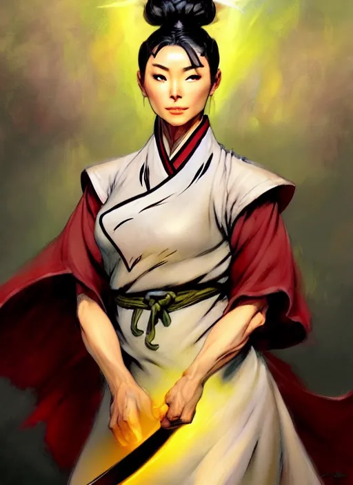 Image similar to magic : the gathering fantasy character concept art by frank frazetta and marco bucci, high resolution. a clear portrait of a stunning female south korean chef, wearing a hanbok apron, holding a kitchen knife, radiating powerful kimchi energy, fantasy coloring, intricate, digital painting, artstation, smooth, sharp focus