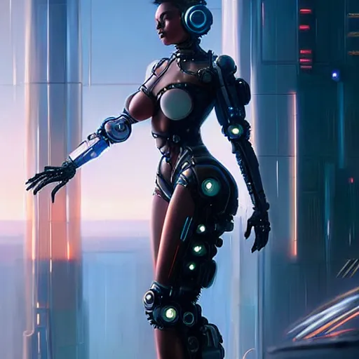 Prompt: a beautiful highly detailed futuristic mechanical woman in seductive confident pose, art by greg rutkowski and mark keathley, cyberpunk, 7 0 mm photo, featured on artstation, 4 k, octane render