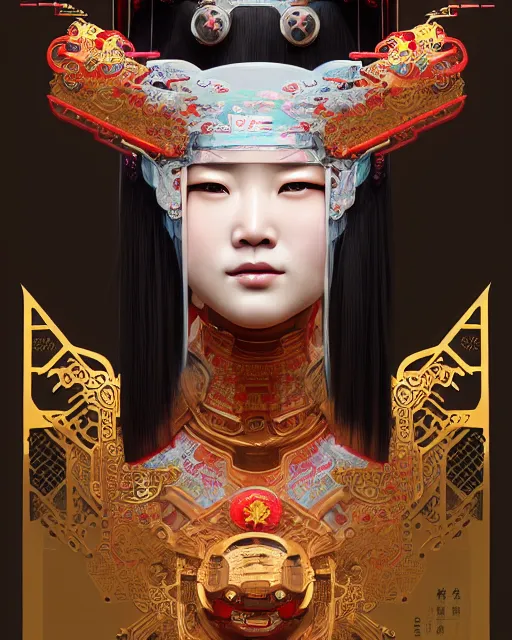 Image similar to portrait of a chinese cyberpunk machine, machine face, robed, upper half portrait, decorated with chinese opera motifs regal royal machine robot cyberpunk fine china, wuxia, traditional chinese art intricate intense elegant highly detailed digital painting artstation concept art smooth sharp focus illustration, art by artgerm and greg rutkowski alphonse mucha 8 k