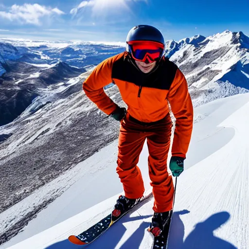 Image similar to skier in orange snow pants and black jacket skiing down a steep mountain face , aerial drone footage,