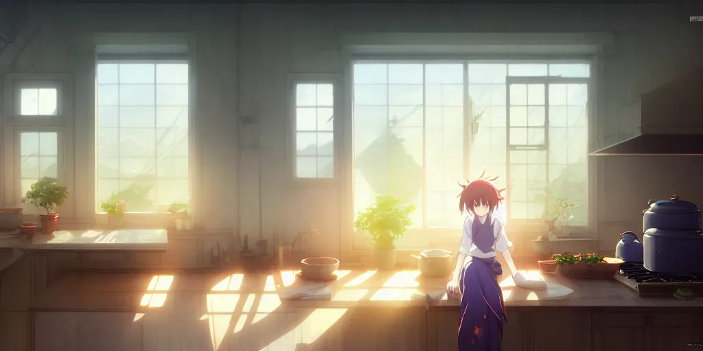 Image similar to interior background art, bright window lit kitchen, morning, steaming food on the stove, wooden floors, houseplants, cottage decor, gapmoe yandere grimdark, trending on pixiv fanbox, painted by greg rutkowski makoto shinkai takashi takeuchi studio ghibli, akihiko yoshida