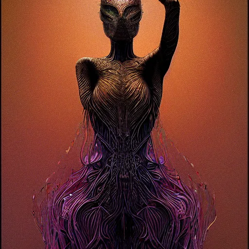 Prompt: a beautiful surrealist rendering portrait of a gorgeous woman by dan mumford and beksinski, wearing a dress by iris van herpen and mulleavy, cinematic lighting, dynamic pose like a dancer