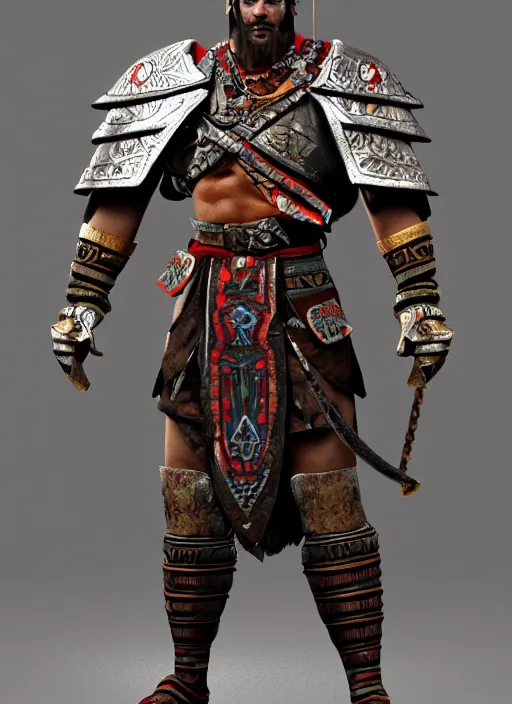 Image similar to а fantasy aztec warrior inspired a game For Honor, full body, detailed and realistic, 4k, trending on artstation, octane render