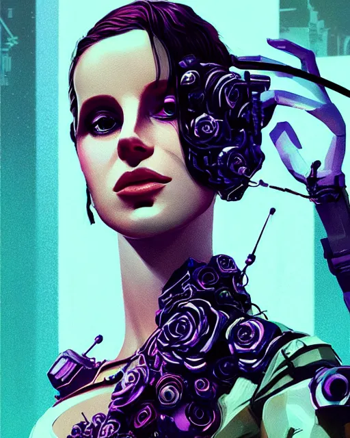 Image similar to portrait of lana del rey as a cyberpunk cyborg. sci - fi intricate abstract. intricate artwork, tear drops, roses, by tooth wu, wlop, beeple, dan mumford. concept art, octane render, trending on artstation, greg rutkowski, asymmetrical, cinematic arthouse, key art, hyper realism, iridescent accents