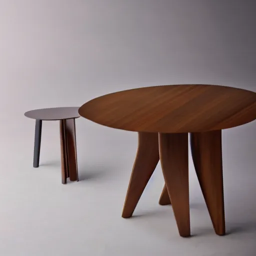 Image similar to futuristic wood table with surreal legs by frank gehry, brutalist style, product shot