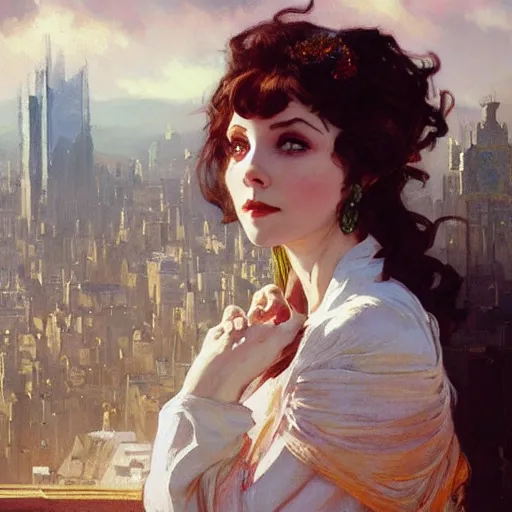 Prompt: a young vivian leigh, city background, dramatic lighting, high detail, painted, by greg rutkowski, painted by stanley artgerm, painted by alphonse mucha, trending on artstation