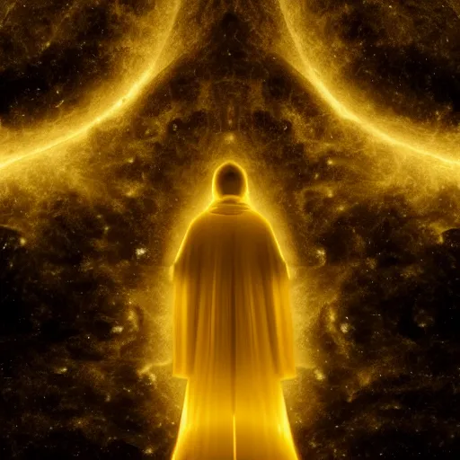 Image similar to award - winning. trending on artstation. 4 k. eerie tone. a figure wearing a layered yellow coat standing in front of a fractal representation of a glowing black hole in space. dark background. full - body. medieval. 4 k.