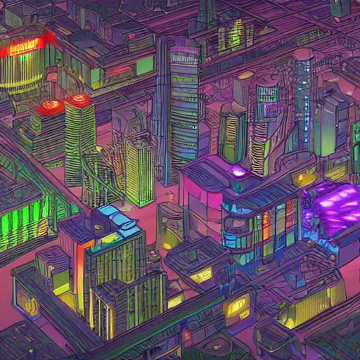 Image similar to illustration of a city in the future with lot of building and technology, Moebius, 8k, details, complex lightning, neon