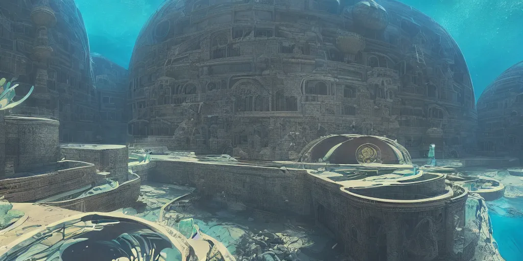 Prompt: a beautiful digital illustration of a domed underwater city by beeple | Byzantine architecture | cinematic | unreal engine | octane | photorealistic |