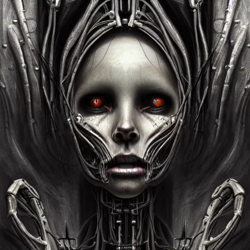 Prompt: a portrait of a beautiful biomechanical queen of necropolis, horror concept art by giger and beksinski and szukalski, digital art, highly detailed, intricate, sci-fi, sharp focus, Trending on Artstation HQ, deviantart, unreal engine 5, 4K UHD image