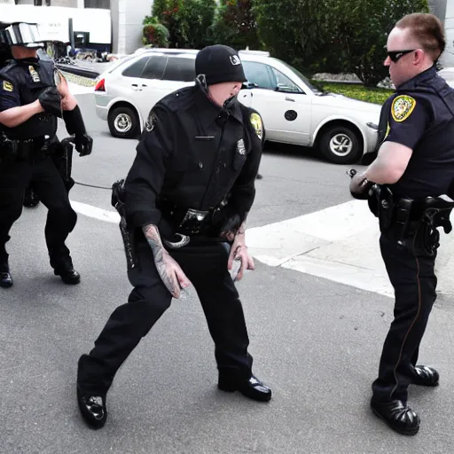 Image similar to paparazzi photo of marilyn manson getting arrested, wide angle, fisheye, uhd, 8 k, award winning