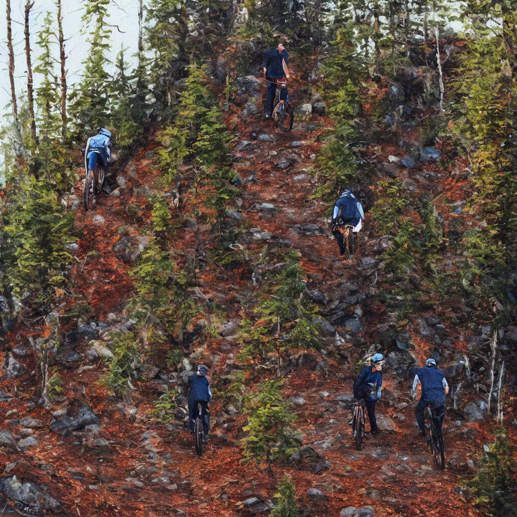 Image similar to Two men biking up a steep forest hill with a deep dark blue sweater and a wine red sweater. sweaty. Oil painting. Emotional. Trending on artstation. Steep. Nordic Trees. Rustic. Artistic.