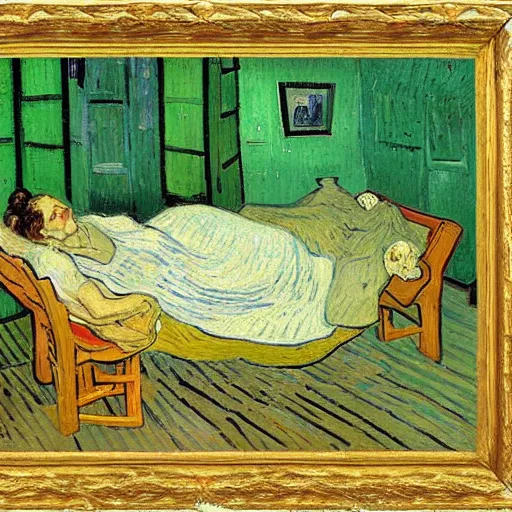 Prompt: back of a woman lying on a veranda by vincent van gogh