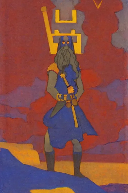 Image similar to thor with hammer, marvel, artwork by nicholas roerich,