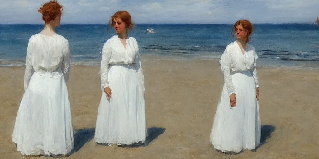 Prompt: Two young Edwardian women wearing white dresses standing on a sandy beach in Sweden, in the style of Anders Zorn