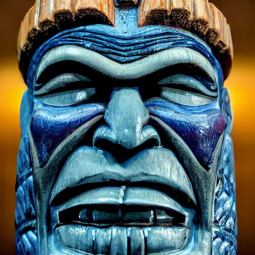 Image similar to a closeup photorealistic photograph of a thanos style tiki mug sitting at a trader vic's beach bar featuring the face of thanos. tiki party. bright scene. fine detail. this 4 k hd image is trending on artstation, featured on behance, well - rendered, extra crisp, features intricate detail, epic composition and the style of unreal engine.