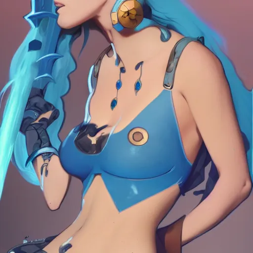 Image similar to beautiful girl with blue hair wearing a bikini, symmetrical face, character concept, character concept art, by Peter Mohrbacher and Alphonse Mucha, overwatch, weapon, detailed, style, 8k, trending on artstation, unreal