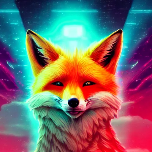 Prompt: digital fox, retrowave palette, digital grided world, highly detailed, electric breeze, anatomically correct vulpine, synth feel, fluffy face, ear floof, flowing fur, super realism, accurate animal imagery, 4 k digital art