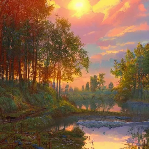 Image similar to a masterpiece detailed beautiful russian village, houses, trees, birch, lake, golden hour, sunset, by Makoto Shinkai and Ivan Shishkin