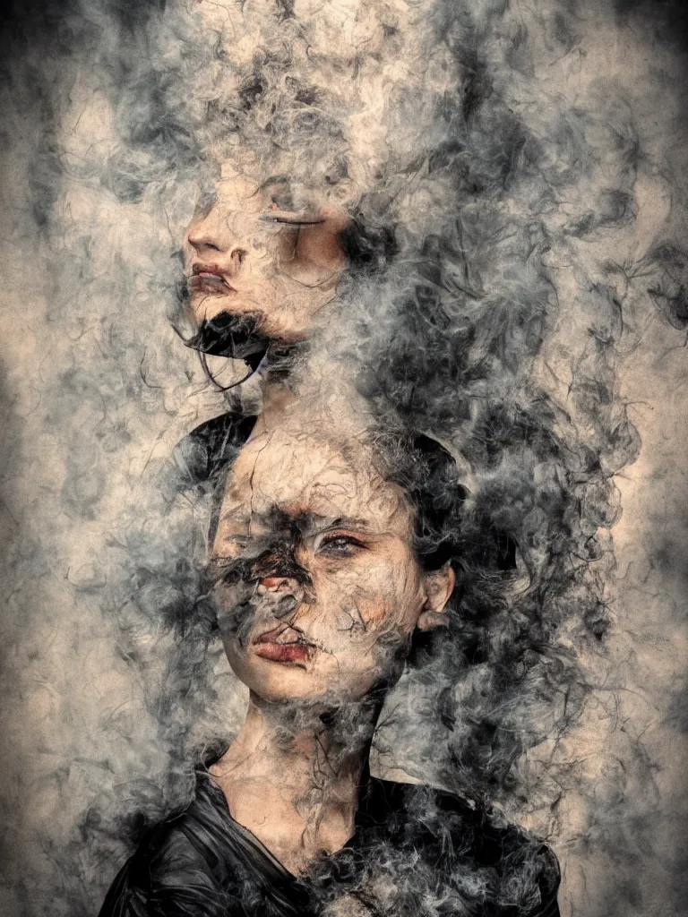 Image similar to a portrait of a beautiful young woman made of smoke and ember, high contrast, hdr, by enki bilal and daarken