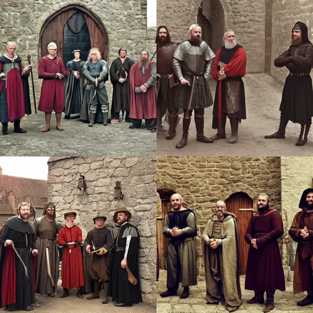 Prompt: a group of men dressed in medieval costumes, a colorized photo by rena © auberjonois, reddit, antipodeans, reimagined by industrial light and magic, ray tracing, criterion collection